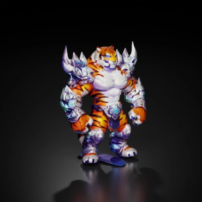 Anthropomorphic tiger warrior with elaborate armor, fierce eyes.