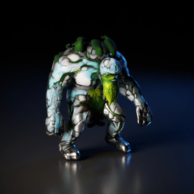 Stone golem covered in vines, moss beard, muscular.