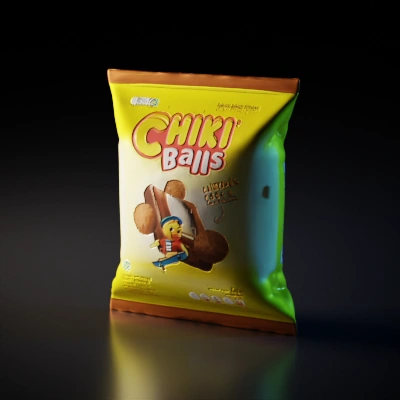 Chiki Balls snack packaging, cartoony character sitting on chocolate.