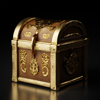 Treasure chest with ornate details, medieval design.