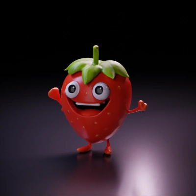 Anthropomorphic strawberry with a wide smile, expressive eyes.