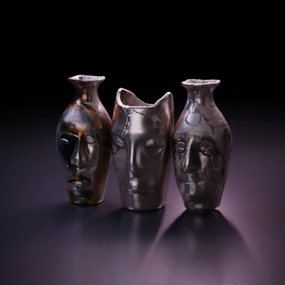 Faces on ceramic vases, artistic sculpture.