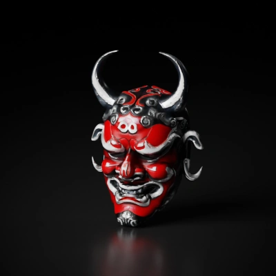 Ornate demon mask, traditional design, possibly ceremonial.
