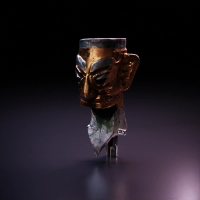 Ancient mask with prominent facial features, tall headpiece.