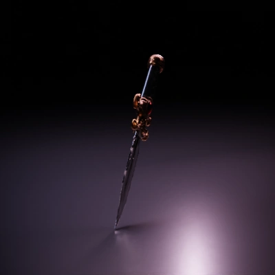 Dagger with ornate hilt and serrated blade.