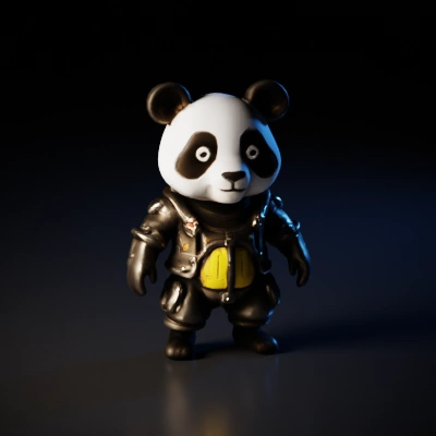 Cartoon panda in a spacesuit, standing upright.