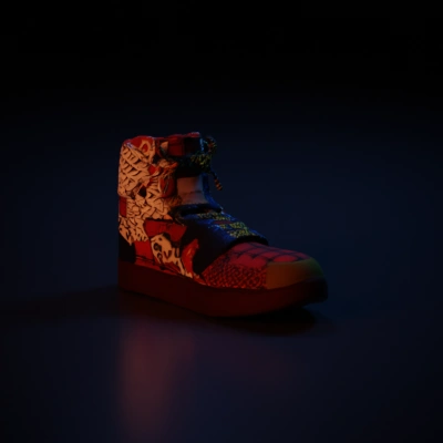 Patchwork high-top sneaker, multiple patterns, rustic design.