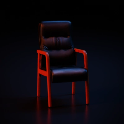 Office chair with cushioned backrest and wooden armrests.