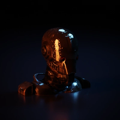 Robotic humanoid with red eyes, detailed face machinery.