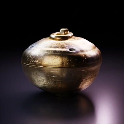 Ancient ornamental box with circular handle.