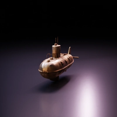Steampunk submarine, rusty exterior, mid-20th century design.