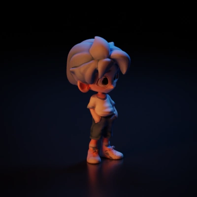 Childlike cartoon character, casual outfit.
