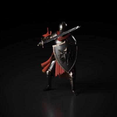 Medieval knight in armor with sword and shield.