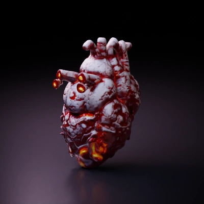 Organic heart with cracks and glowing veins.