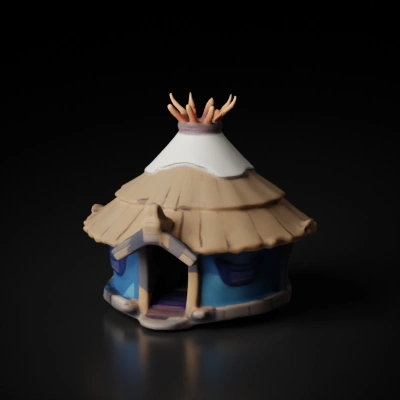 Mongolian tent, 3D, Pop Mart model, Banner style, type model, Clash of Clans game model, hut model, top view, orange and wood color theme, cartoon style, orange roof wooden hut, cartoon