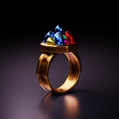 Golden ring with colorful gemstones on top.