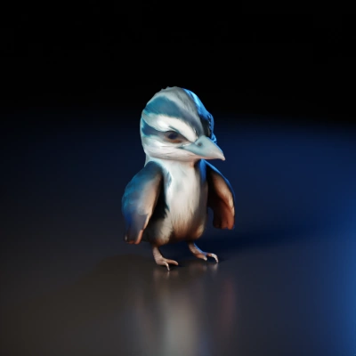 Anthropomorphic bird with realistic feathers, standing on two legs.