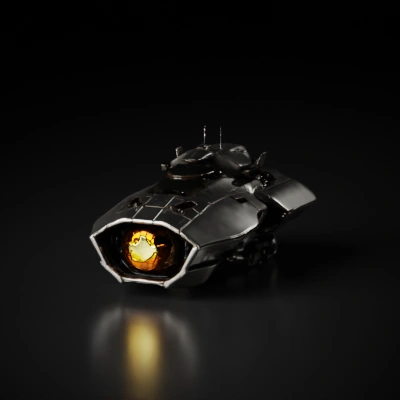 Armored futuristic spaceship with weaponry, sci-fi elements.