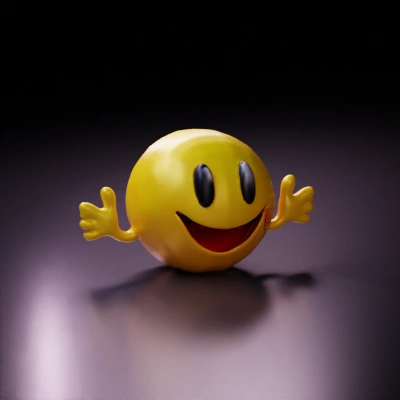 Smiley-faced round character with open mouth and hands.