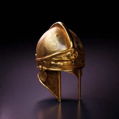 Elaborately designed historical helmet, ornate engravings, bronze material