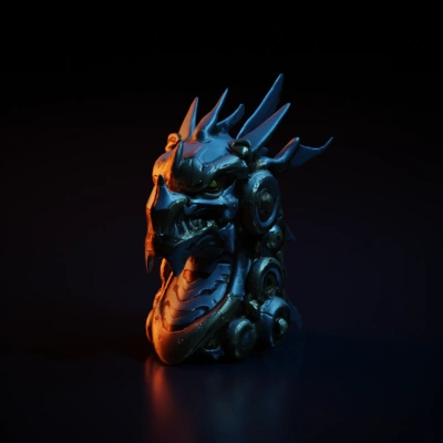 Mechanical dragon head with gears, intricate details.