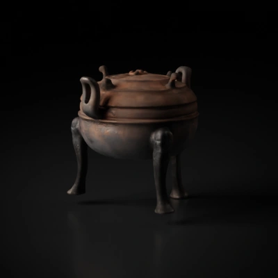 Old metal pot with lid and four legs.