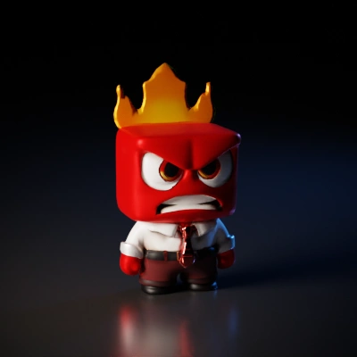 Square-shaped character with fiery hair, dressed in office attire.