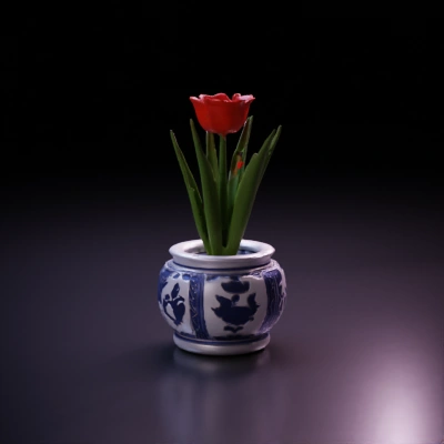 Tulip in a decorative ceramic pot.