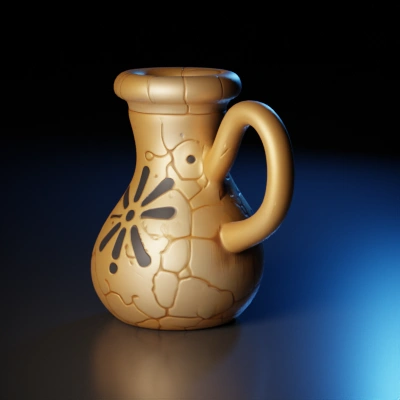 Decorative clay pot with a handle, flower-like pattern.