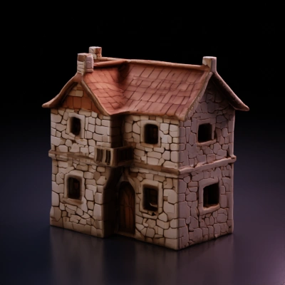 Medieval stone house with a timbered roof.