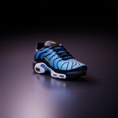 A blue and black Nike sneaker.
