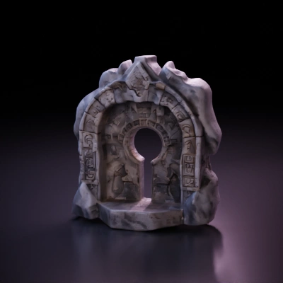 Ancient stone gate with intricate carvings, circular hole.