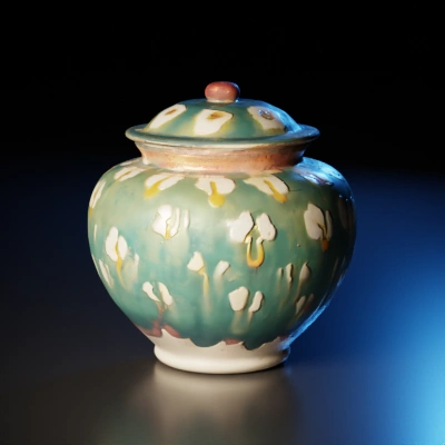 Ceramic jar with lid, traditional design.