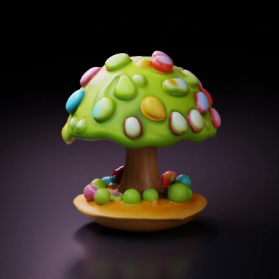 Candy-coated tree with mushrooms and balls.