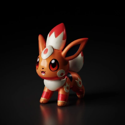 Fox-like creature with flame patterns, happy expression.