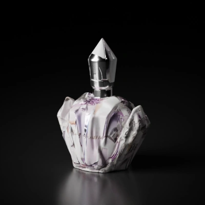 Perfume bottle adorned with crystal-like structures.