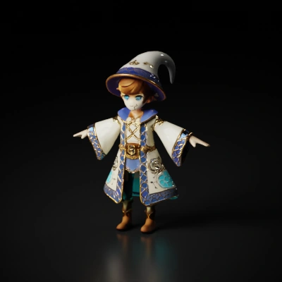 Chibi wizard character, magical outfit, large robe.