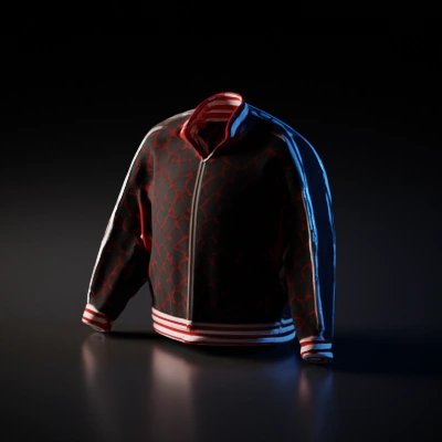 Designer branded jacket with stripes and logo pattern.