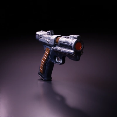 Futuristic sci-fi handgun, high-tech, robust design.