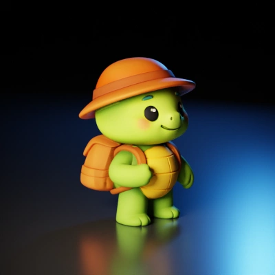 Cartoon turtle with hat and backpack.
