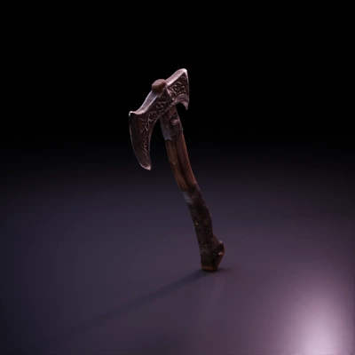 Heavy medieval battle axe, intricate carvings.