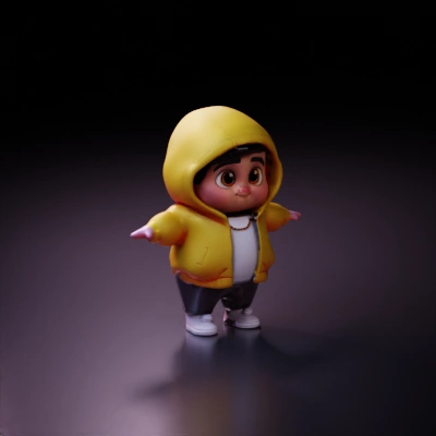 Chubby boy in hoodie, cartoon character, arms outstretched.