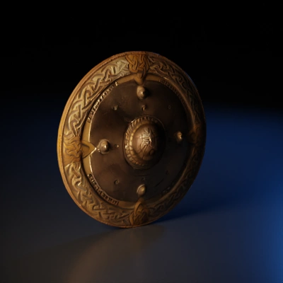 Ornate medieval shield with intricate patterns, Celtic symbols.