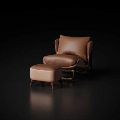 Modern armchair and ottoman set, ergonomic design.