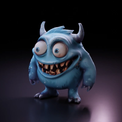 Furry monster with large eyes and horns, cartoonish design.