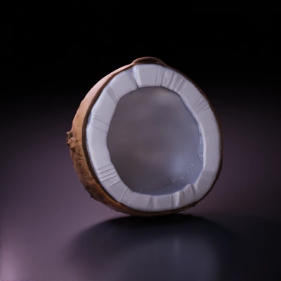 Halved coconut shell, fibrous husk, white flesh.