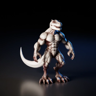 Dinosaur humanoid with muscular build, fierce appearance.