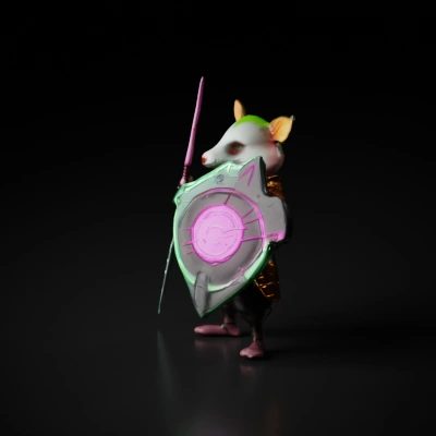 A cyberpunk anthropomorphic opossum with neon green, orange, and black armor with glowing elements and fluorescent green and yellow dyed hair. holding a high-tech spear with green neon light in one hand and a large shield in front of his body in the other hand