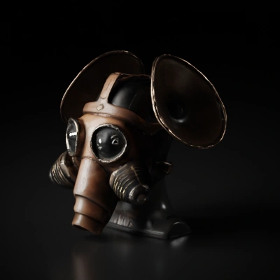 Steampunk-inspired gas mask with mechanical elements.
