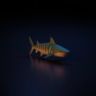 Shark with cartoonish design, menacing face, shark teeth.